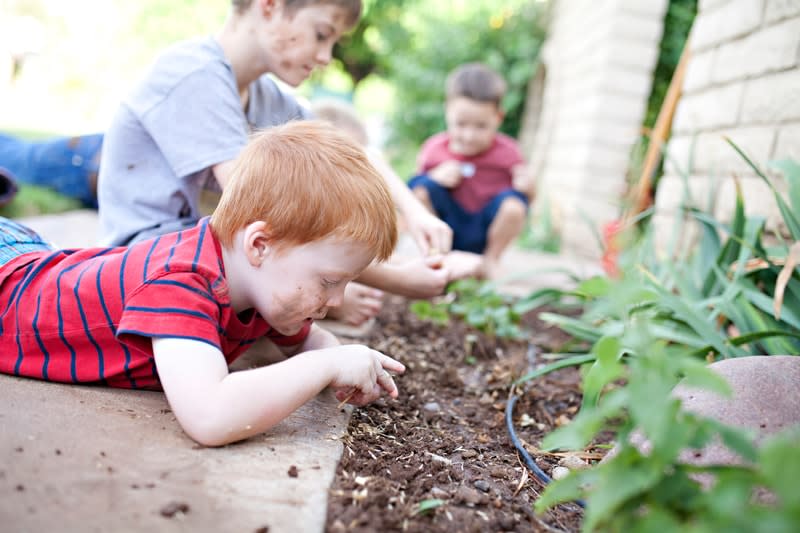 Children having fun gardening together.