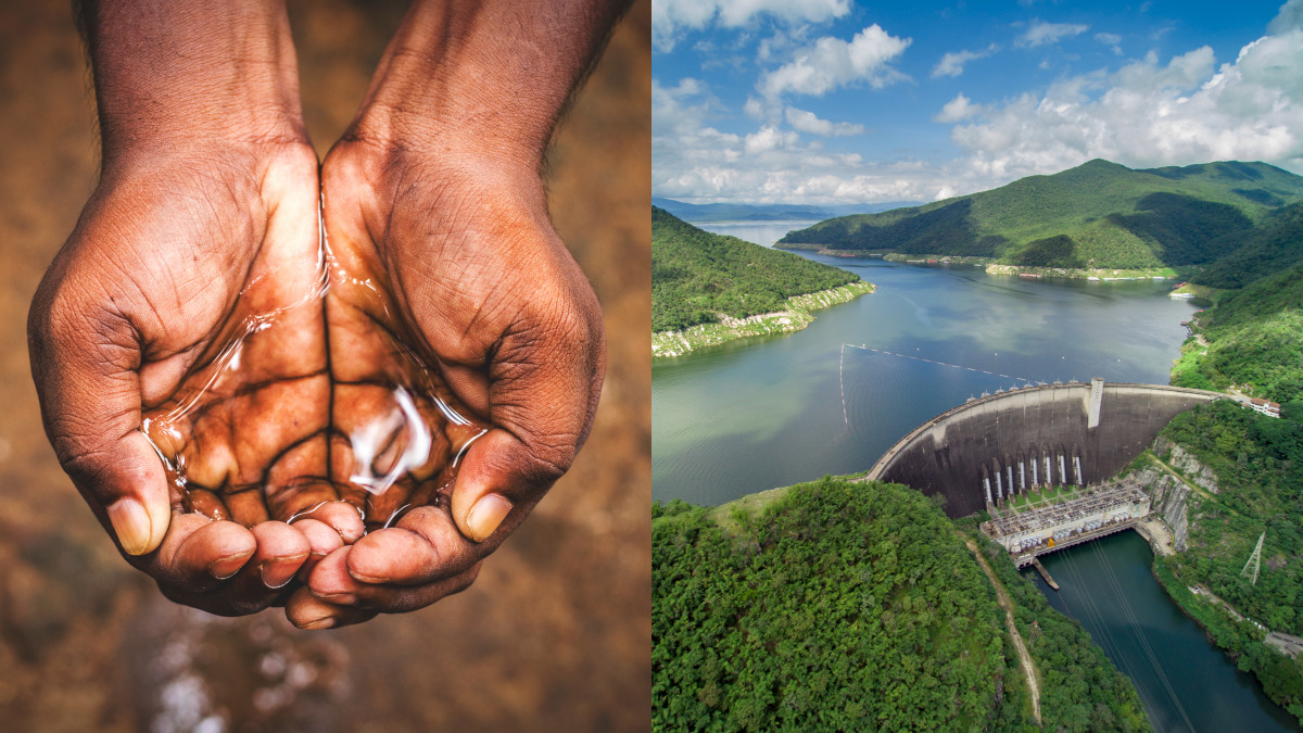 Side by side of hands with water and a dam