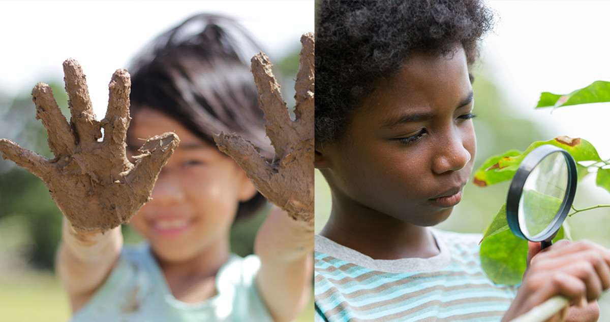 Children with messy hands and looking at bugs