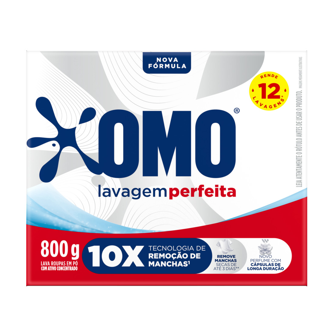 Sabão em Pó OMO Lavagem Perfeita. Caixa do produto com o logo de OMO.