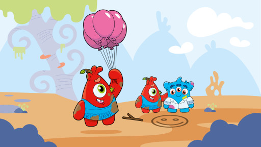 Monster holding a balloon with monster friends