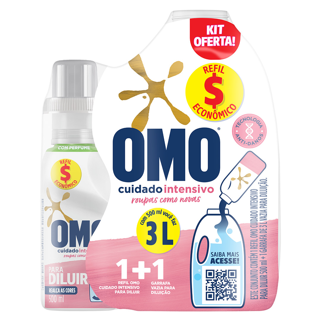 Embalagens de OMO Cuidado Intensivo para Diluir + Garrafa