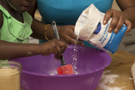 Person pouring flour into a bowl