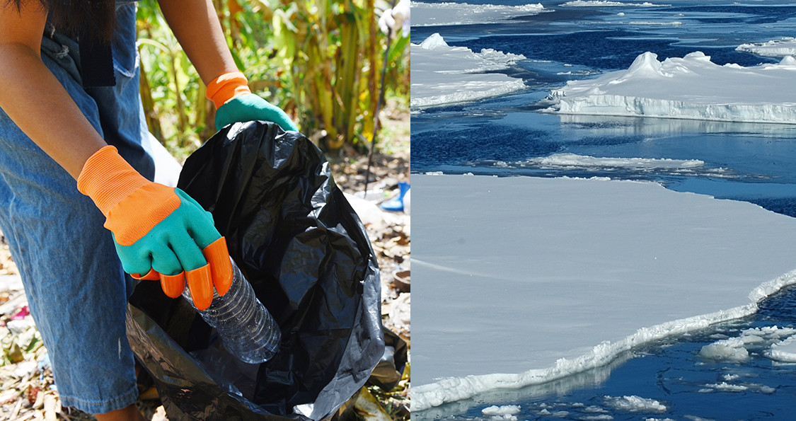 A side by side of someone picking up plastic bottles next to polar icecaps