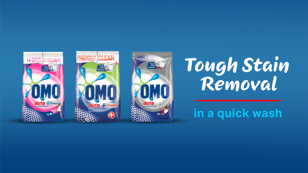 OMO powders auto range - tough stain removal in a quick wash