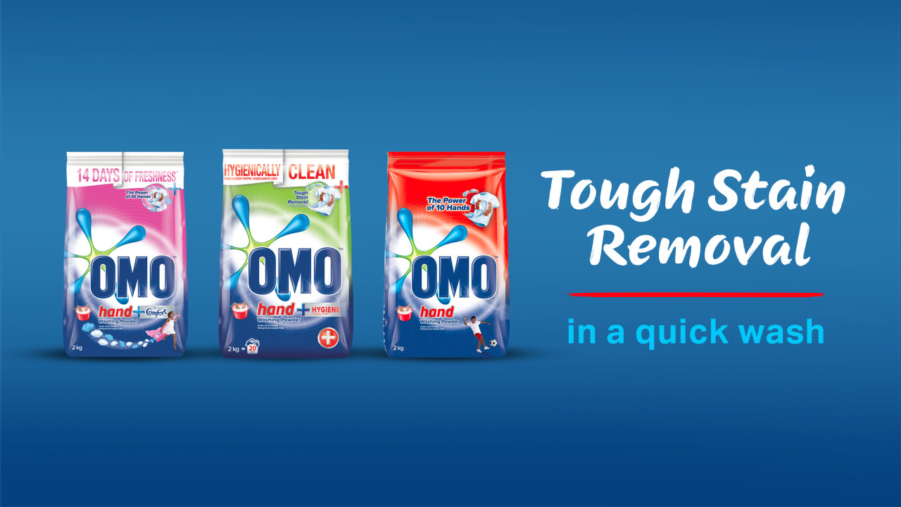 OMO Hand wash powder range with text saying tough stain removal in a quick wash