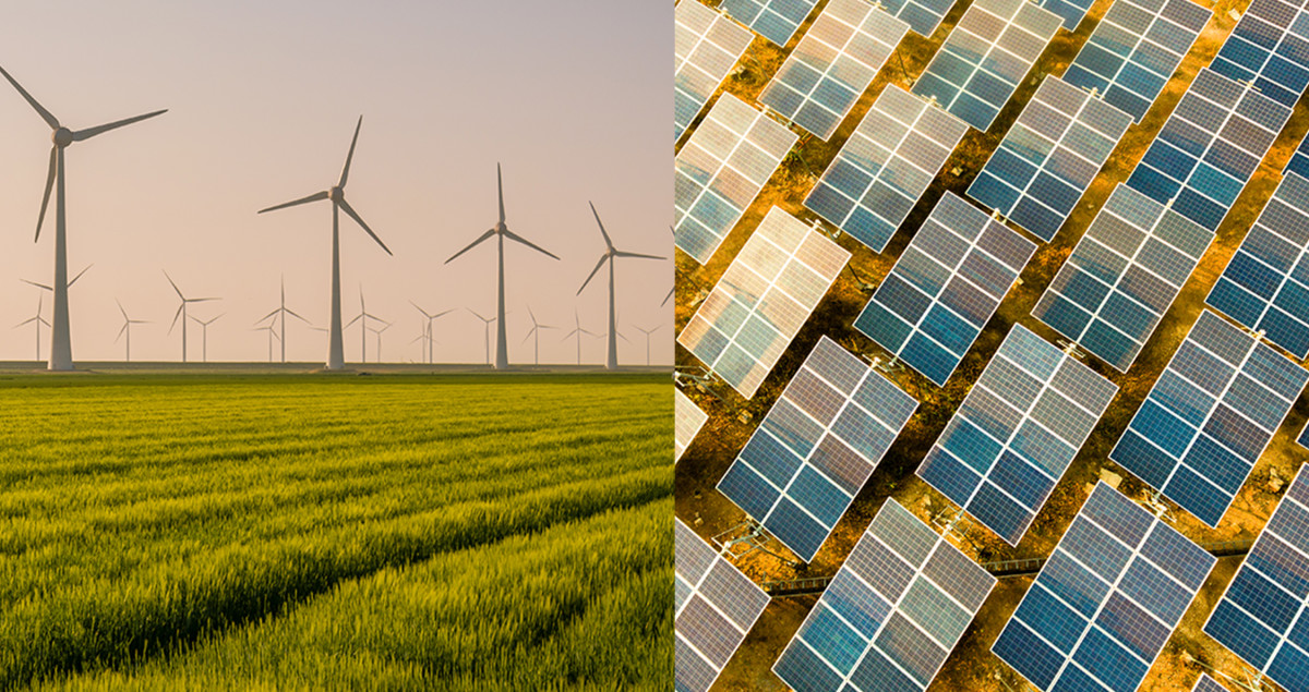 Side by side of wind turbines and solar panels