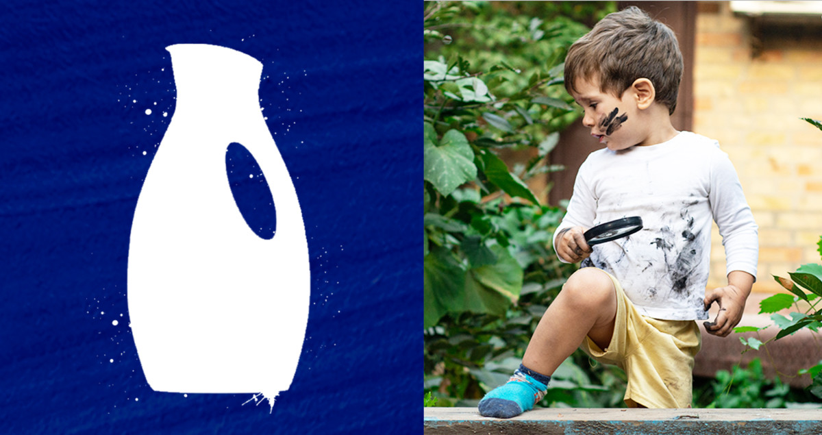 Side by side of a Omo bottle icon and a boy with mud on him