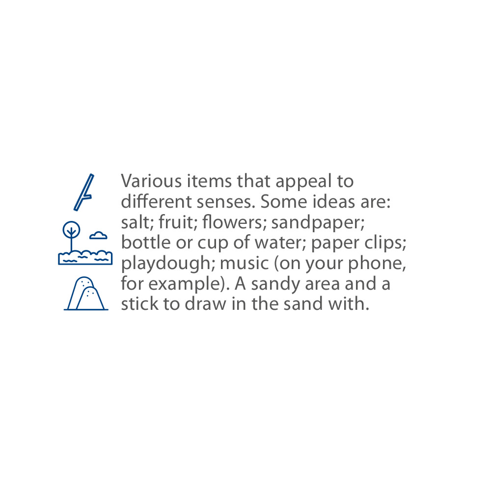 Various items that appeal to different senses. Some ideas are: salt; fruit; flowers; sandpaper; bottle or cup of water; paperclips; playdough; music. A sandy area and a stick to draw with