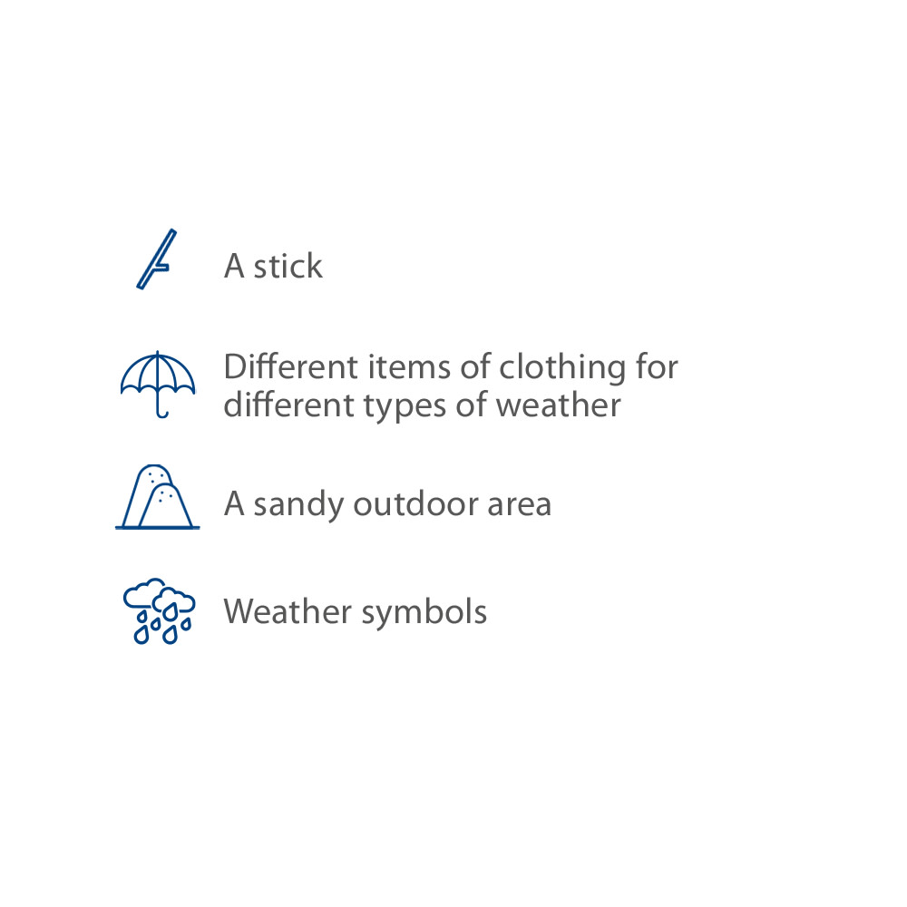 An image of a stick, different items of clothing for different types of weather, a sandy outdoor area and a weather symbol.