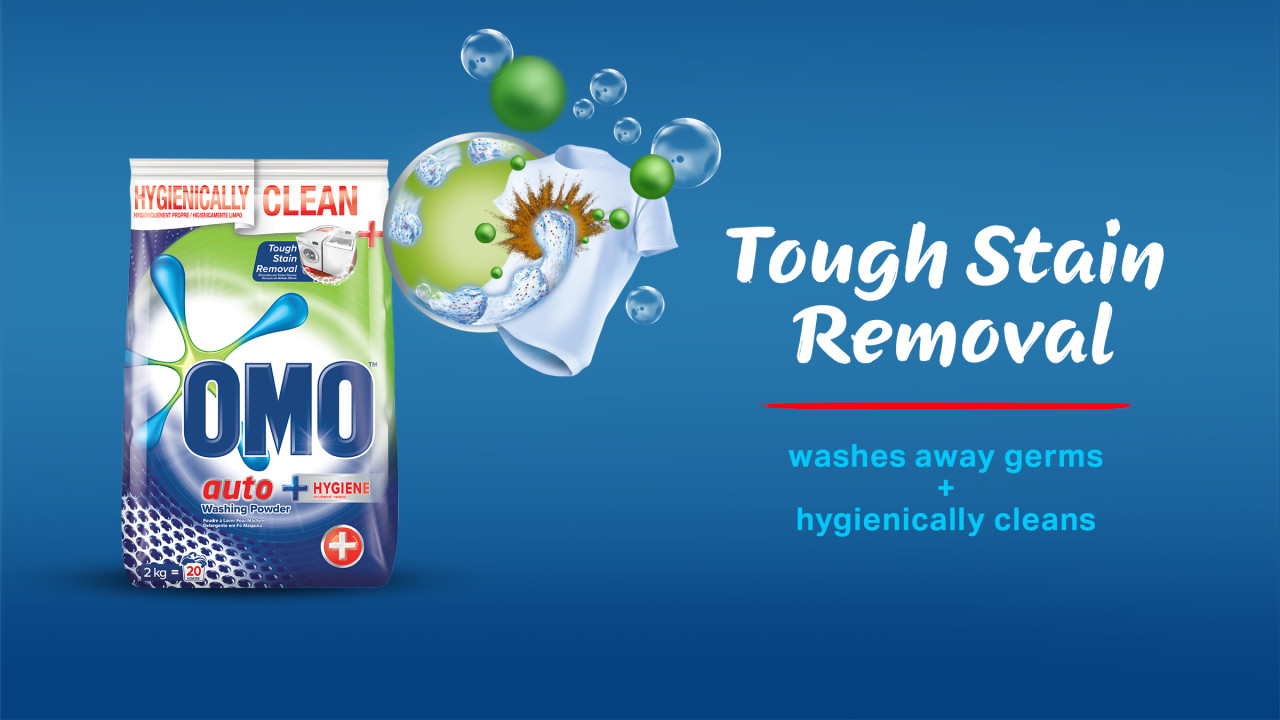 OMO Auto Powder pack saying tough stain removal and hygienically cleans
