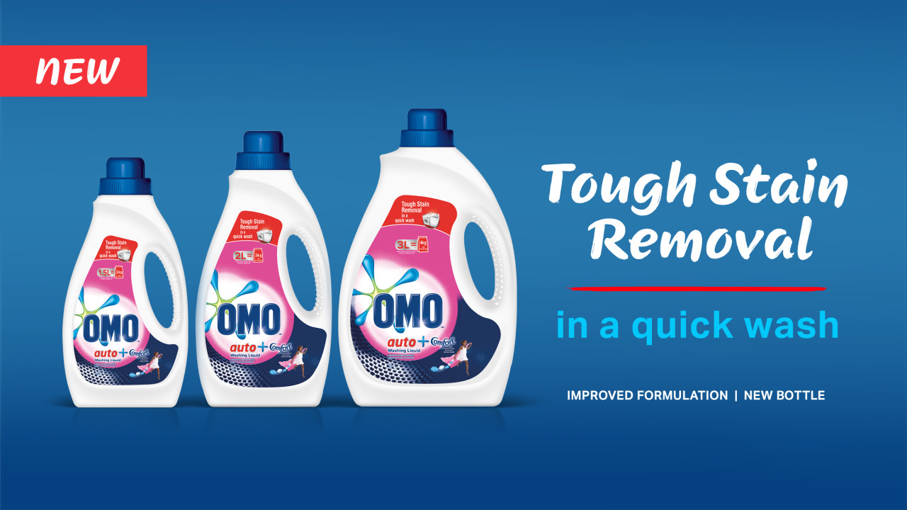 OMO auto washing liquid touch of comfort product shots - tough stain removal in a quick wash