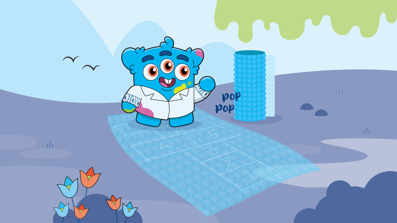 Blue monster jumping on bubblewrap